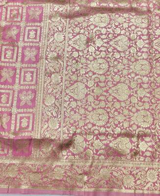 Pink zari woven silk traditional saree with blouse piece 5