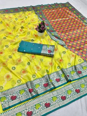 Lime yellow zari woven silk traditional saree with blouse piece 1