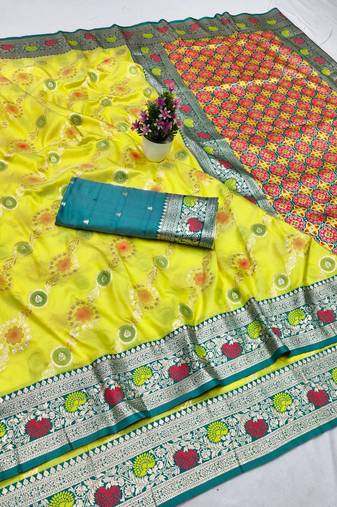 Lime yellow zari woven silk traditional saree with blouse piece
