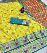 Lime yellow zari woven banarasi silk traditional saree with blouse piece