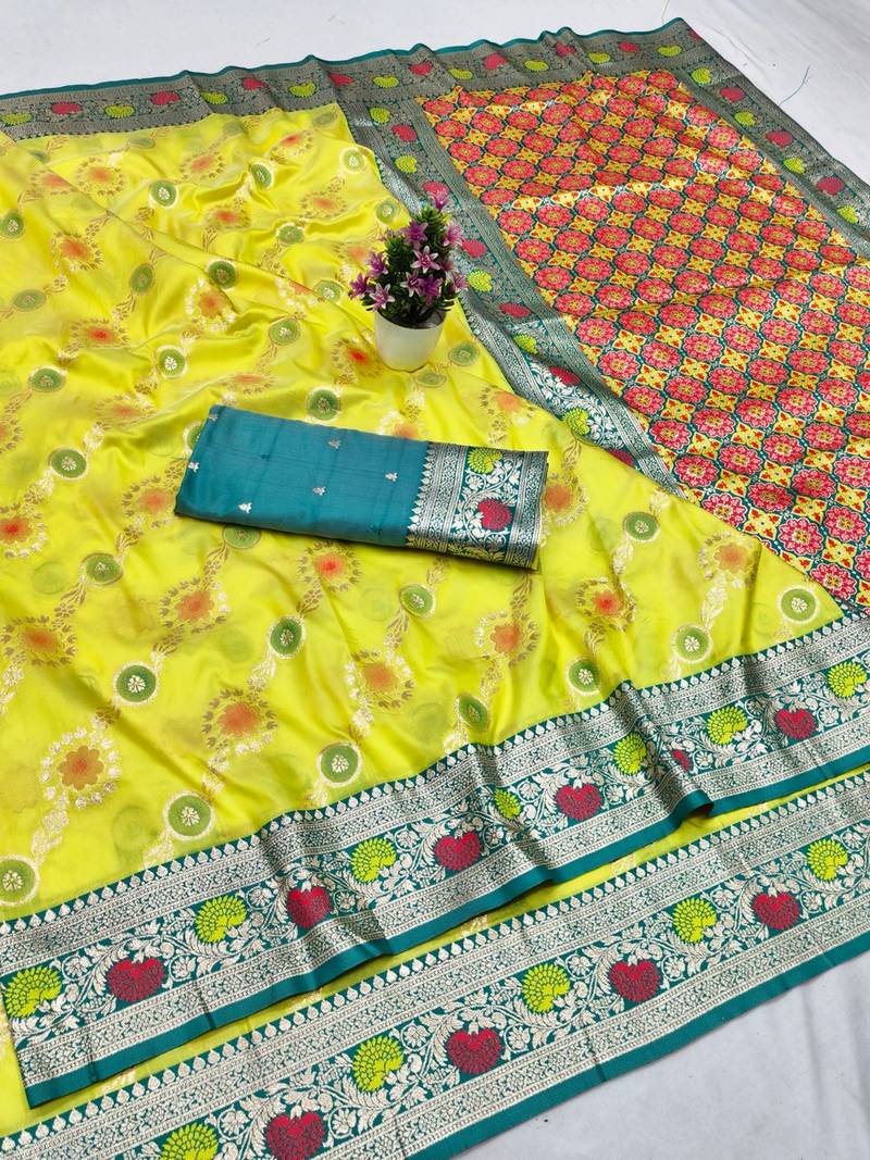 Lime yellow zari woven banarasi silk traditional saree with blouse piece