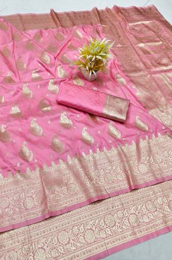 Pink zari woven silk traditional saree with blouse piece