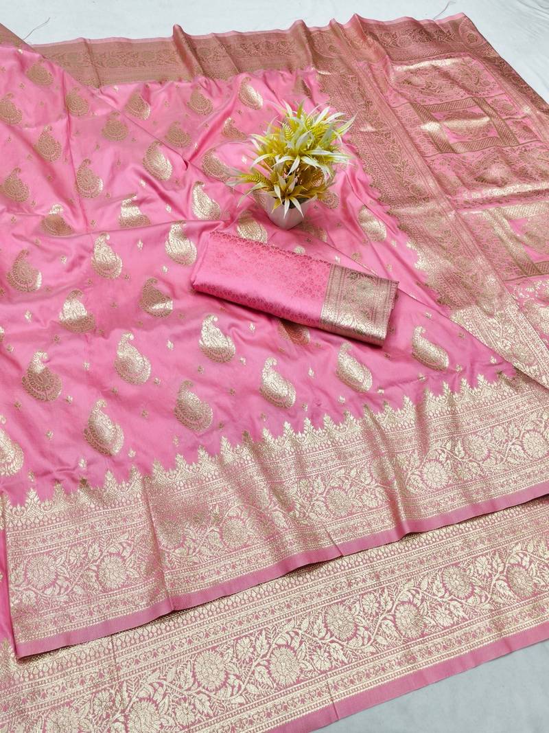 Pink zari woven banarasi silk traditional saree with blouse piece