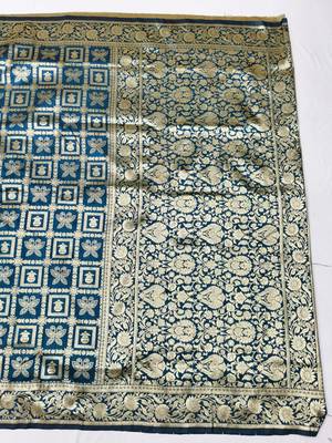 Dark blue zari woven banarasi silk traditional saree with blouse piece 1