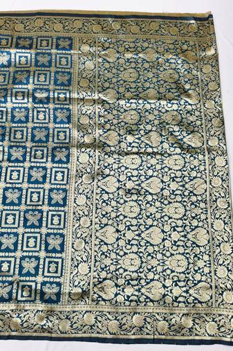 Dark blue zari woven banarasi silk traditional saree with blouse piece