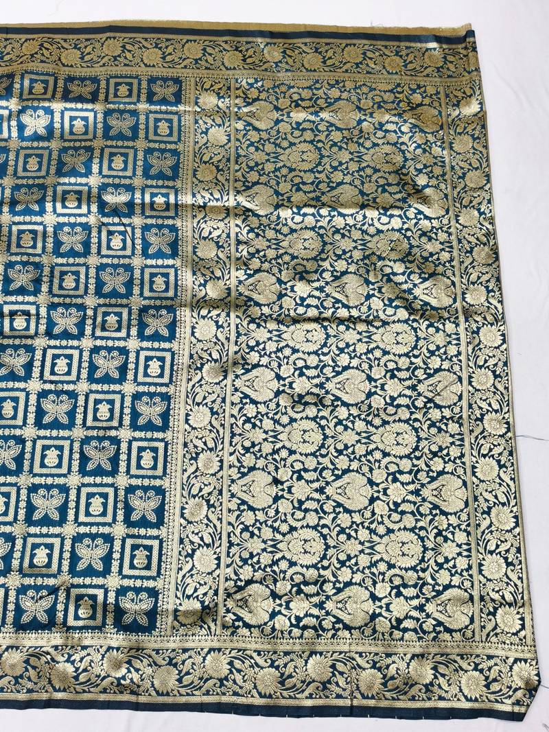 Dark blue zari woven banarasi silk traditional saree with blouse piece