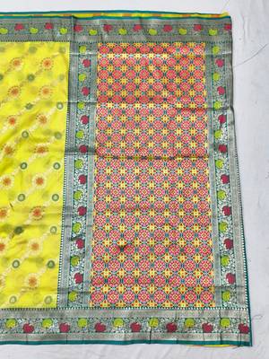 Lime yellow zari woven silk traditional saree with blouse piece 2