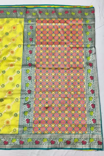 Lime yellow zari woven silk traditional saree with blouse piece