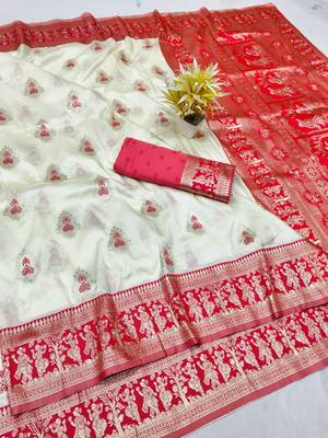 Cream zari woven baluchari silk traditional saree with blouse piece 1