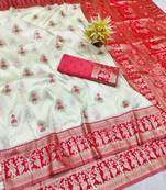 Cream zari woven baluchari silk traditional saree with blouse piece