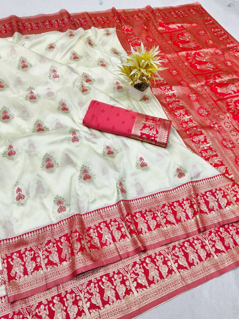 Cream zari woven baluchari silk traditional saree with blouse piece