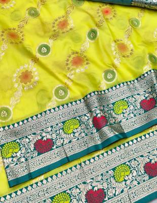 Lime yellow zari woven silk traditional saree with blouse piece 3