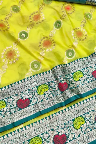 Lime yellow zari woven silk traditional saree with blouse piece
