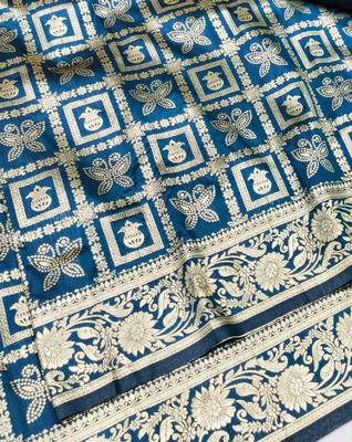 Dark blue zari woven banarasi silk traditional saree with blouse piece 2