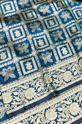 Dark blue zari woven banarasi silk traditional saree with blouse piece