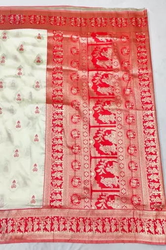 Cream zari woven baluchari silk traditional saree with blouse piece