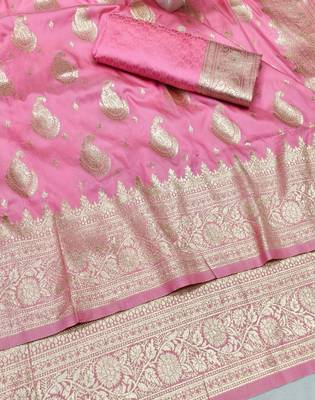 Pink zari woven silk traditional saree with blouse piece 3