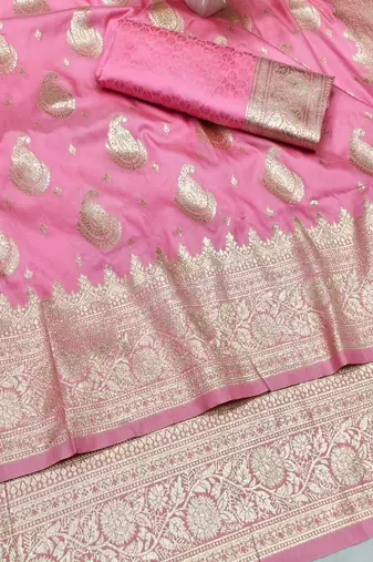 Pink zari woven silk traditional saree with blouse piece