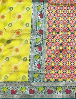Lime yellow zari woven silk traditional saree with blouse piece 5