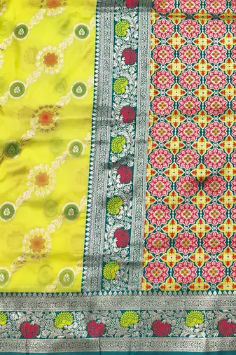 Lime yellow zari woven silk traditional saree with blouse piece