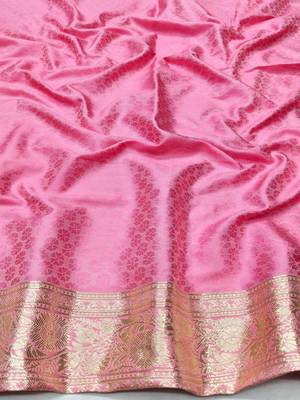 Pink zari woven silk traditional saree with blouse piece 4