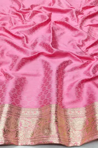 Pink zari woven silk traditional saree with blouse piece