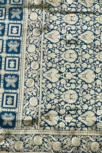Dark blue zari woven banarasi silk traditional saree with blouse piece