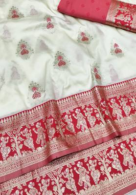 Cream zari woven baluchari silk traditional saree with blouse piece 3