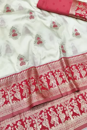 Cream zari woven baluchari silk traditional saree with blouse piece