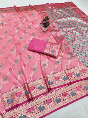 Pink zari woven silk traditional saree with blouse piece 1