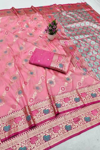 Pink zari woven silk traditional saree with blouse piece