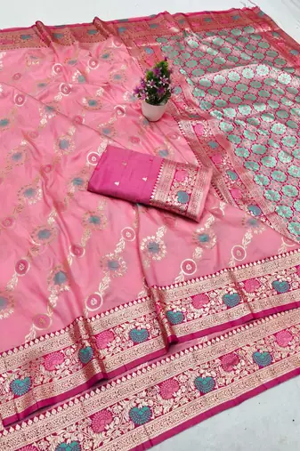 Pink zari woven silk traditional saree with blouse piece