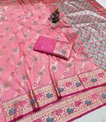 Pink zari woven banarasi silk traditional saree with blouse piece