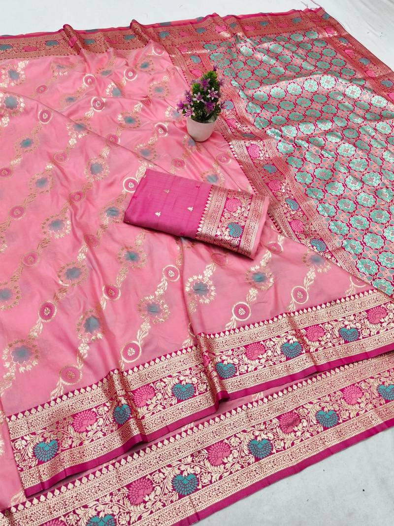 Pink zari woven banarasi silk traditional saree with blouse piece