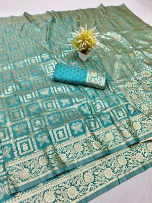Light blue zari woven silk traditional saree with blouse piece 1