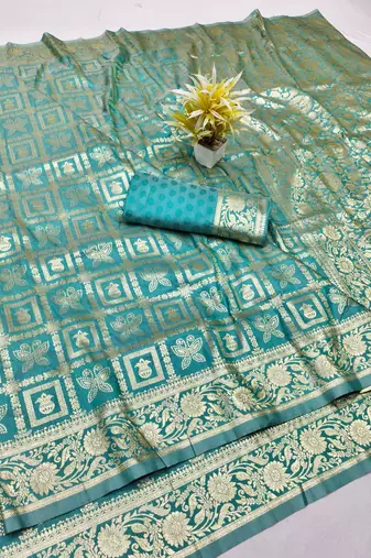 Light blue zari woven silk traditional saree with blouse piece