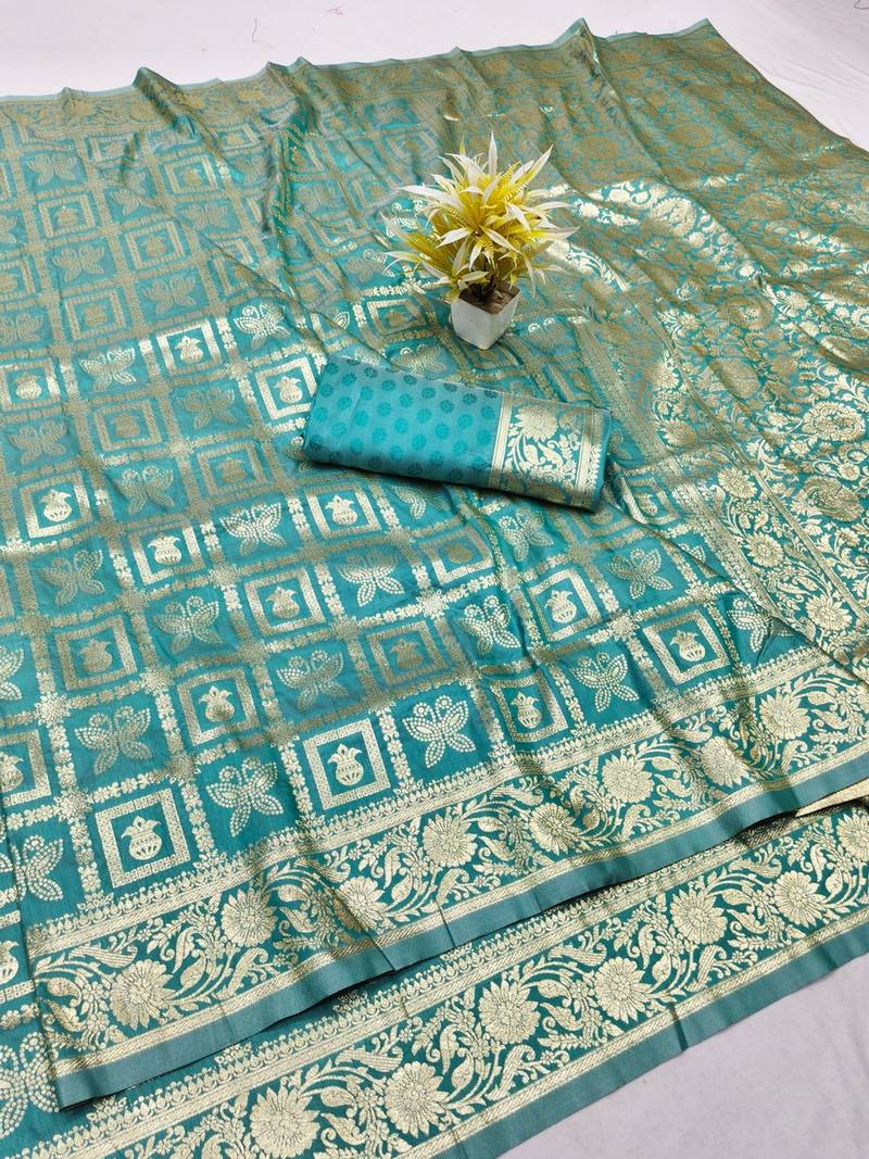 Light blue zari woven banarasi silk traditional saree with blouse piece