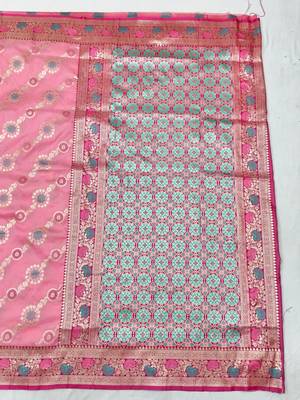 Pink zari woven silk traditional saree with blouse piece 2
