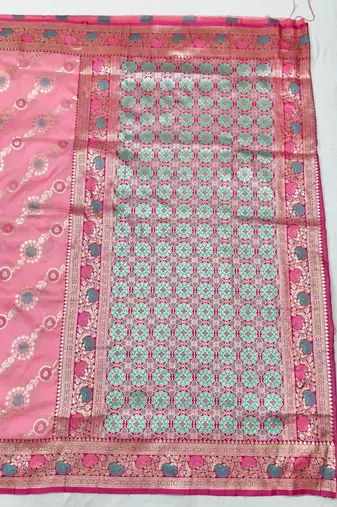 Pink zari woven silk traditional saree with blouse piece