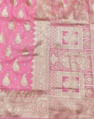 Pink zari woven silk traditional saree with blouse piece 5