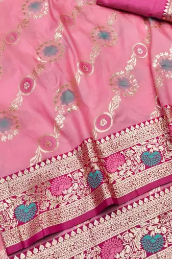 Pink zari woven silk traditional saree with blouse piece