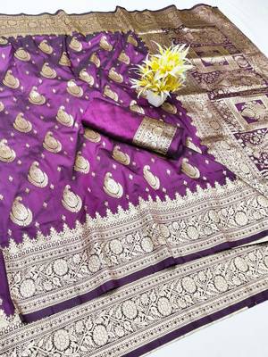 Wine zari woven silk traditional saree with blouse piece 1