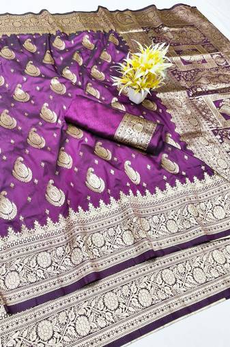 Wine zari woven silk traditional saree with blouse piece