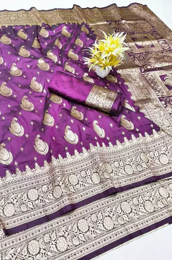 Wine zari woven silk traditional saree with blouse piece