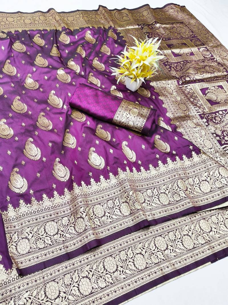 Wine zari woven banarasi silk traditional saree with blouse piece