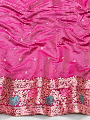 Pink zari woven silk traditional saree with blouse piece 4