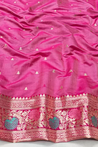 Pink zari woven silk traditional saree with blouse piece
