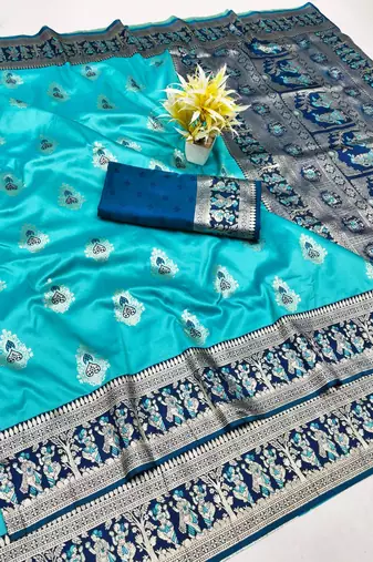 Blue zari woven baluchari silk traditional saree with blouse piece