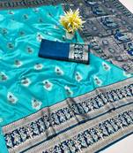 Blue zari woven baluchari silk traditional saree with blouse piece