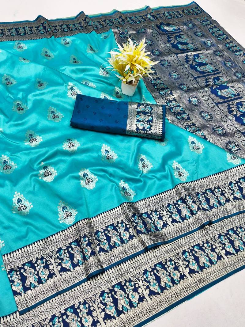 Blue zari woven baluchari silk traditional saree with blouse piece